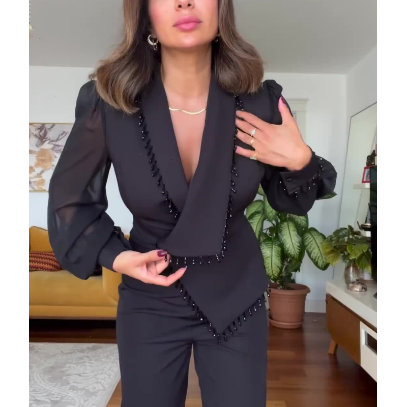 🌸Promotions de printemps🌸 Elégant Top noir perlé et pantalon à large jambe (ensemble de 2 pièces)