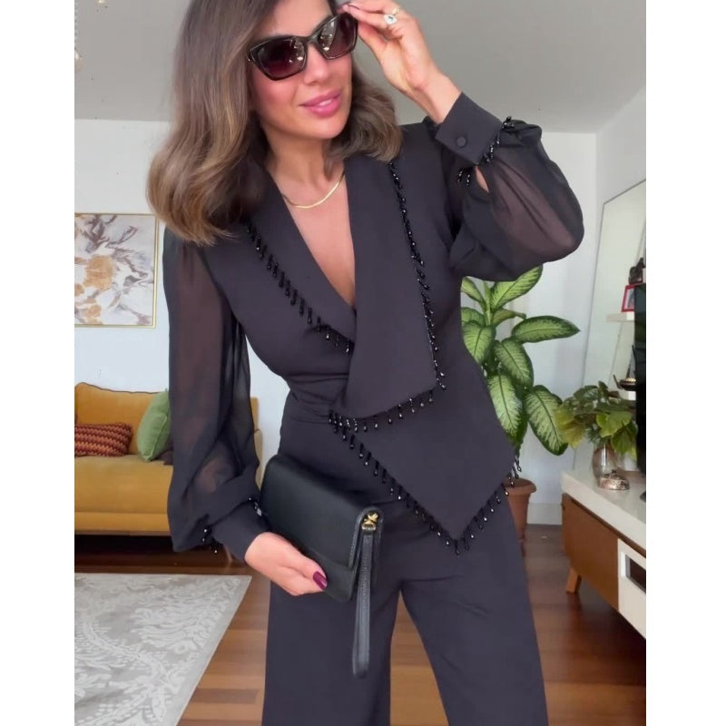 🌸Promotions de printemps🌸 Elégant Top noir perlé et pantalon à large jambe (ensemble de 2 pièces)