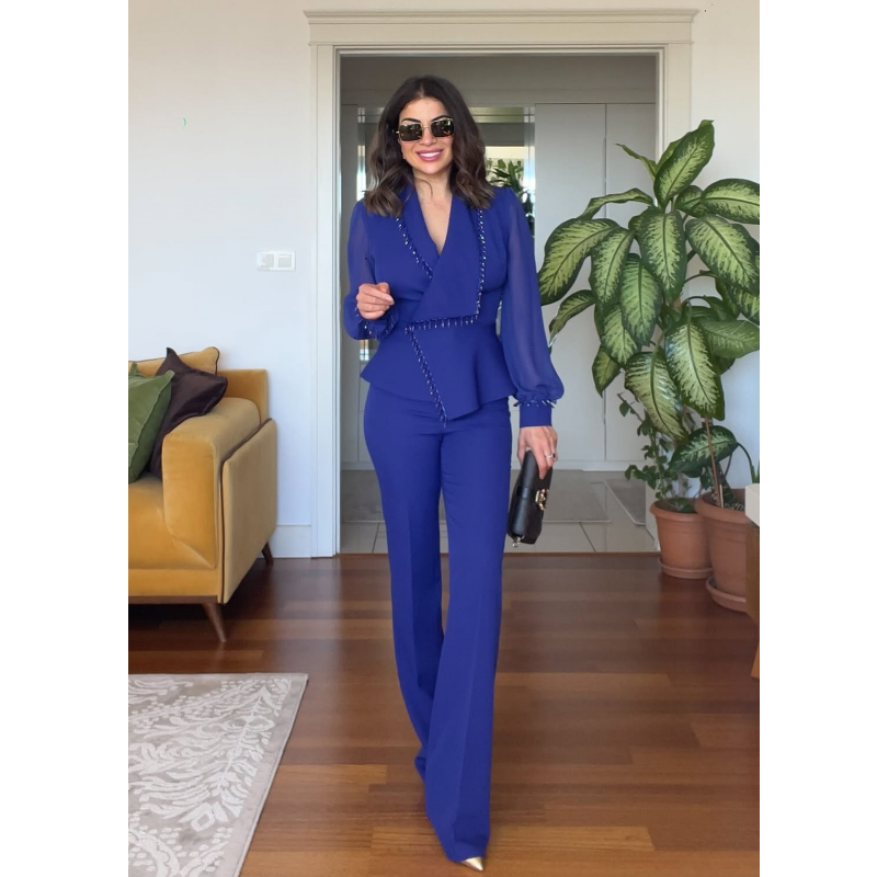 🌸Promotions de printemps🌸 Elégant Top noir perlé et pantalon à large jambe (ensemble de 2 pièces)