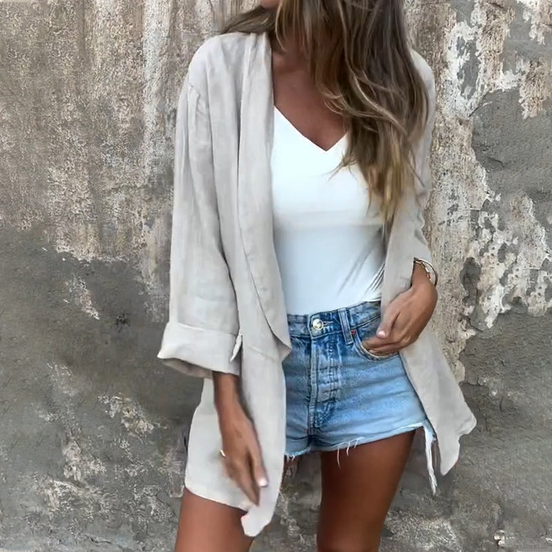 Blazer à ouverture frontale en coton et lin pour femmes