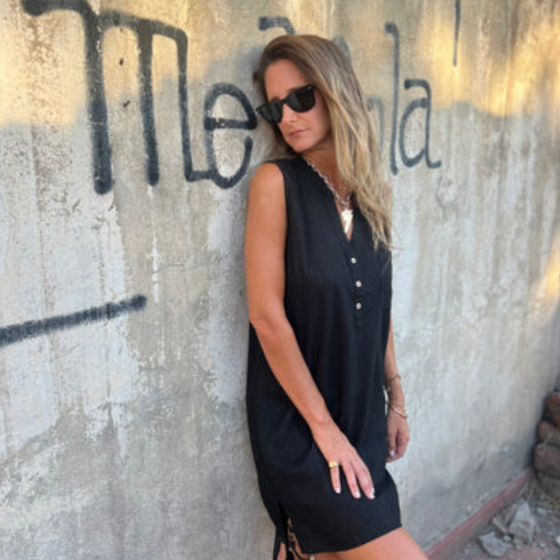 💖Vente limitée 50% OFF💖Robe sans manches pour femme avec col en V et boutonnage