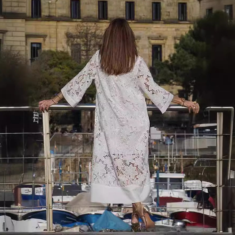 đSpĂ©cial printempsđ„Robe fluide en dentelle Ă col en V et manches trois-quarts