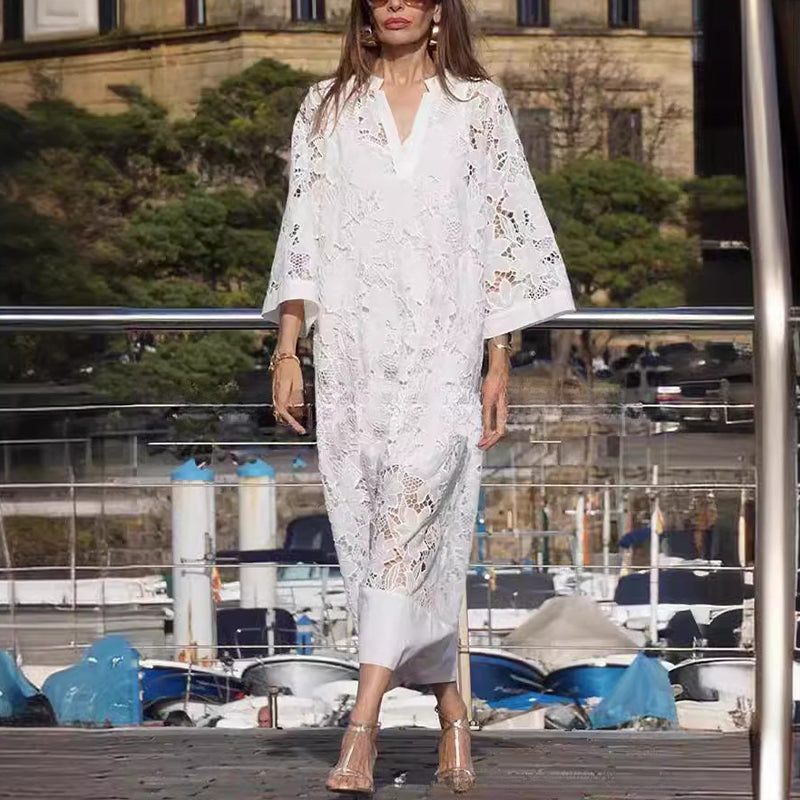 đSpĂ©cial printempsđ„Robe fluide en dentelle Ă col en V et manches trois-quarts