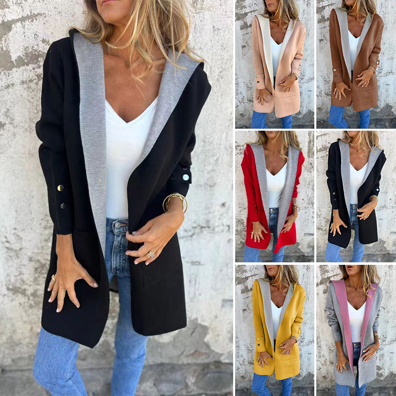 🌸Offres de printemps💐 Manteau à capuche ouvert sur le devant à blocs de couleurs pour femmes