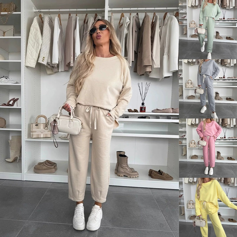 ✨ 2025 La grande braderie de printemps 🧥Top à col rond et pantalon ample de couleur unie 2-PCS👖(🔥52 % de réduction)