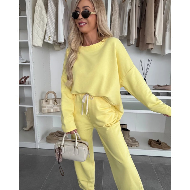 ✨ 2025 La grande braderie de printemps 🧥Top à col rond et pantalon ample de couleur unie 2-PCS👖(🔥52 % de réduction)