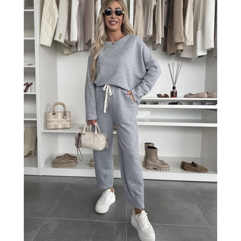 ✨ 2025 La grande braderie de printemps 🧥Top à col rond et pantalon ample de couleur unie 2-PCS👖(🔥52 % de réduction)