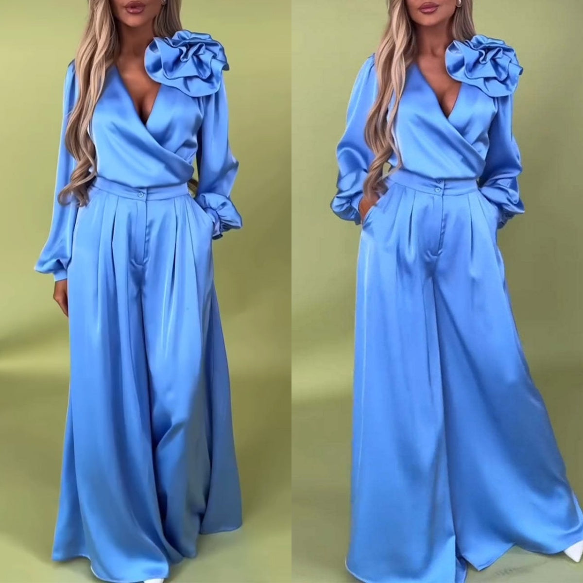 Ensemble 2 pièces haut col en V et pantalon large pour femme