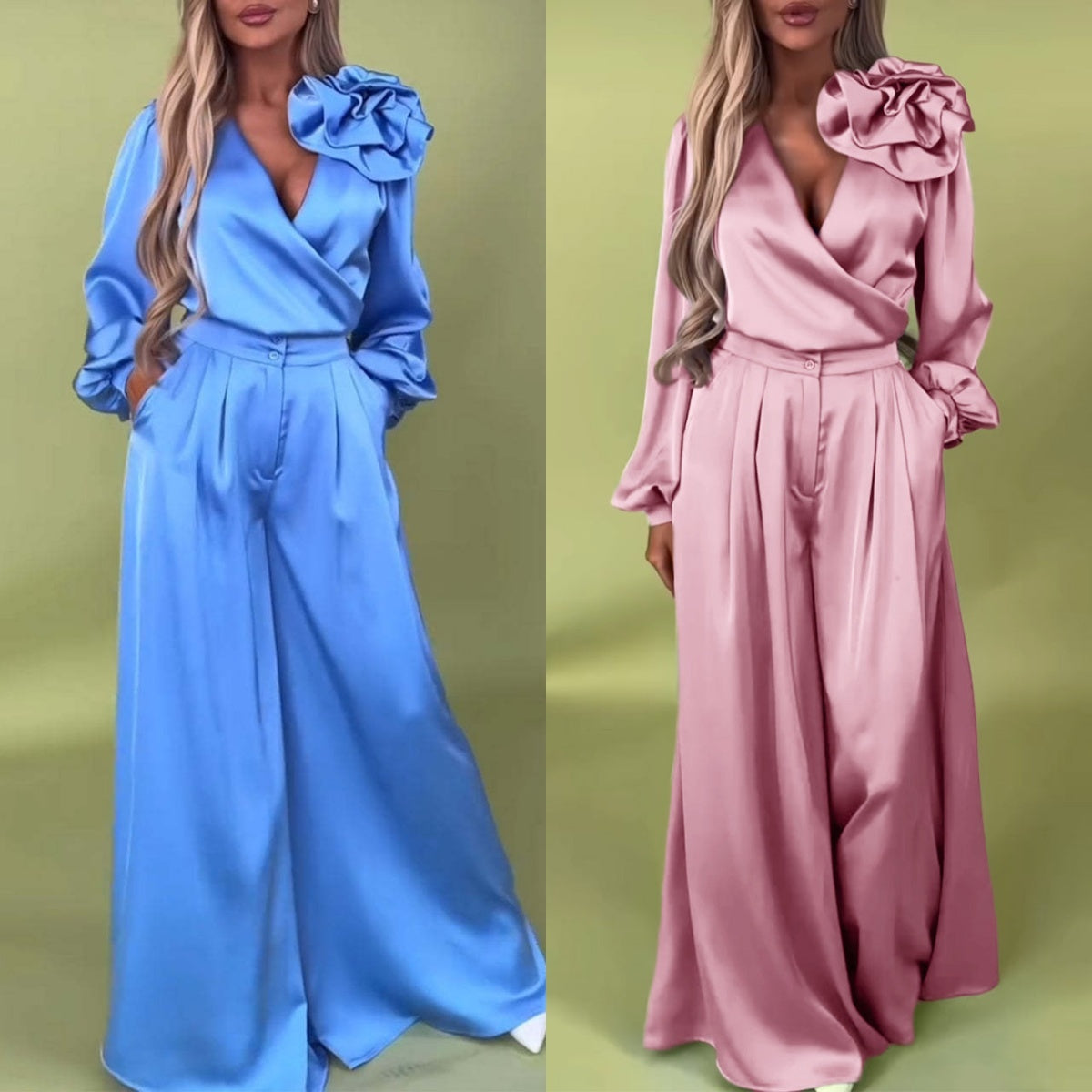 Ensemble 2 pièces haut col en V et pantalon large pour femme