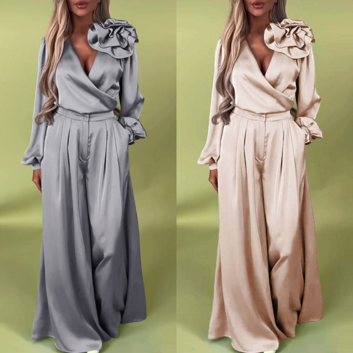 Ensemble 2 pièces haut col en V et pantalon large pour femme