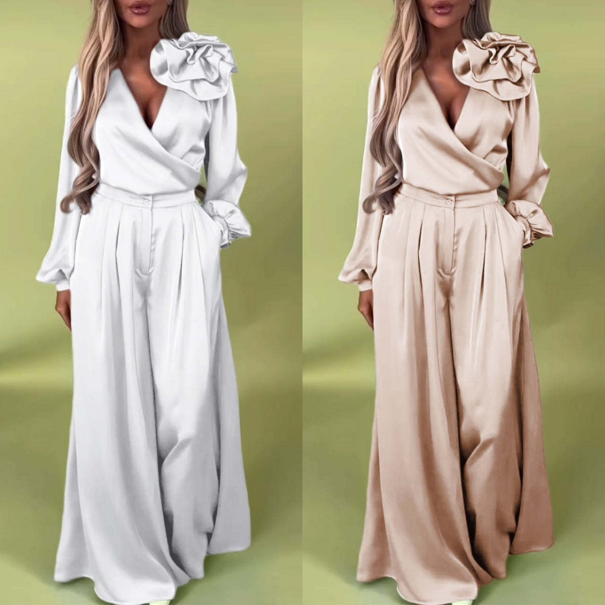 Ensemble 2 pièces haut col en V et pantalon large pour femme