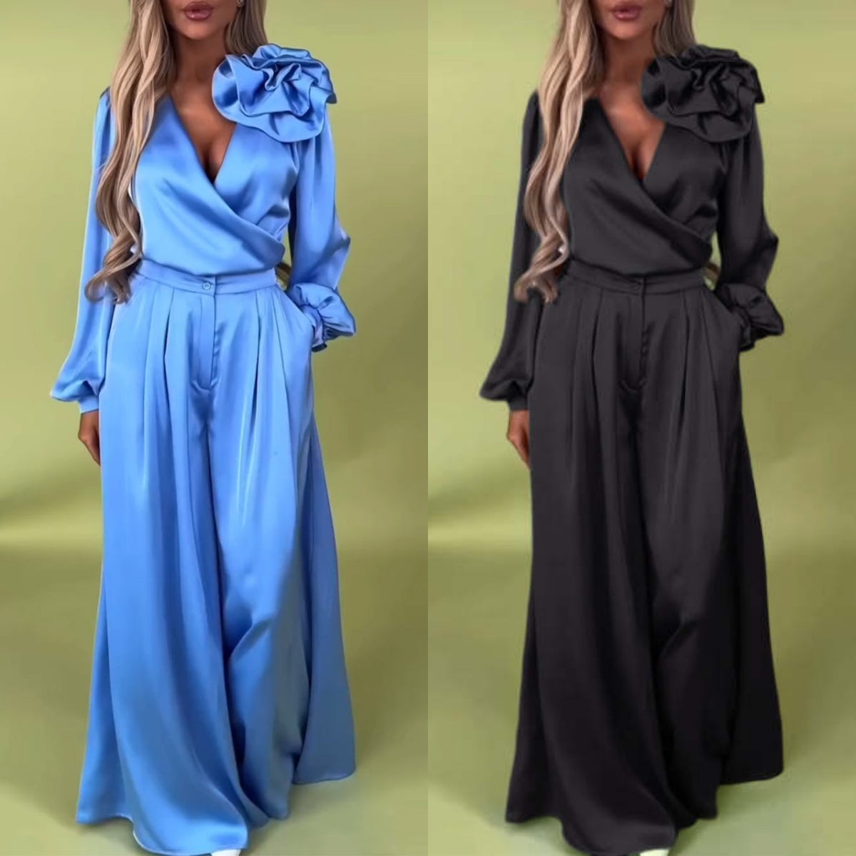 Ensemble 2 pièces haut col en V et pantalon large pour femme
