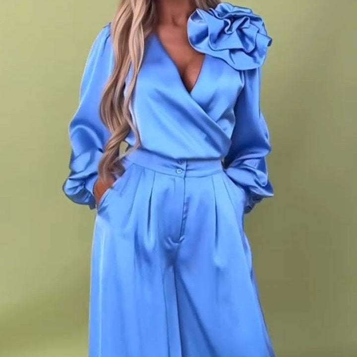 Ensemble 2 pièces haut col en V et pantalon large pour femme