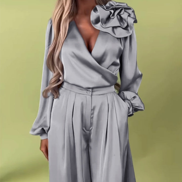 Ensemble 2 pièces haut col en V et pantalon large pour femme