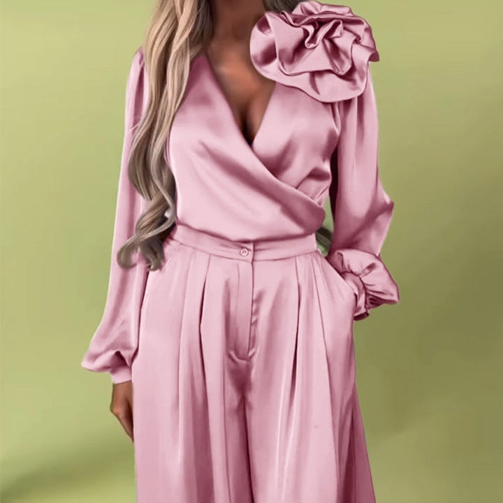 Ensemble 2 pièces haut col en V et pantalon large pour femme