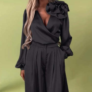 Ensemble 2 pièces haut col en V et pantalon large pour femme