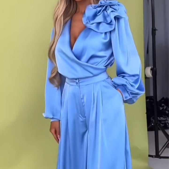 Ensemble 2 pièces haut col en V et pantalon large pour femme