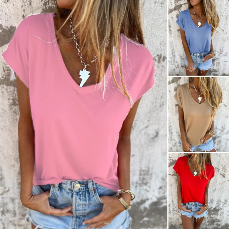 🌈Top simple de couleur unie avec encolure en V et manches capuchon