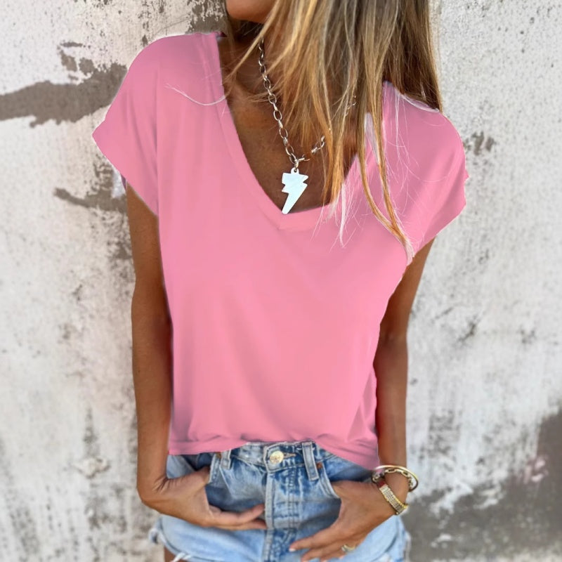 🌈Top simple de couleur unie avec encolure en V et manches capuchon