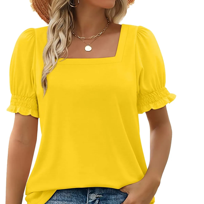 🔥Vente directe d'usine🔥T-shirt décontracté à col carré et manches froncées pour femme