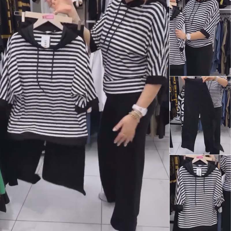 Ensemble pour femme composé d'un haut rayé et d'un pantalon uni