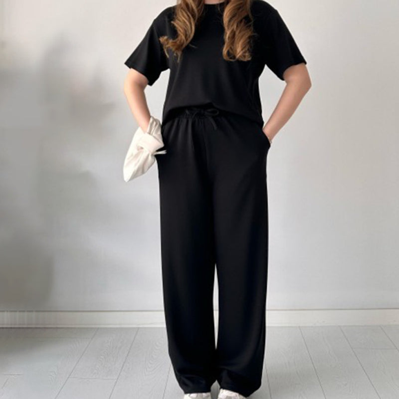 Ensemble deux pièces pour femmes : T-shirt décontracté et pantalon avec taille élastique et cordon de serrage