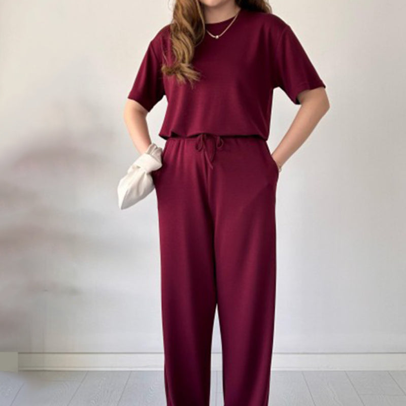 Ensemble deux pièces pour femmes : T-shirt décontracté et pantalon avec taille élastique et cordon de serrage