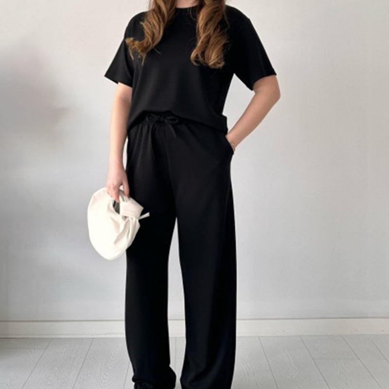 Ensemble deux pièces pour femmes : T-shirt décontracté et pantalon avec taille élastique et cordon de serrage