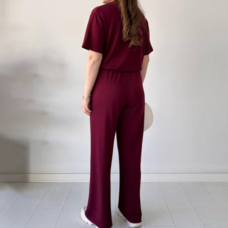 Ensemble deux pièces pour femmes : T-shirt décontracté et pantalon avec taille élastique et cordon de serrage