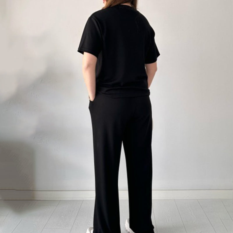 Ensemble deux pièces pour femmes : T-shirt décontracté et pantalon avec taille élastique et cordon de serrage