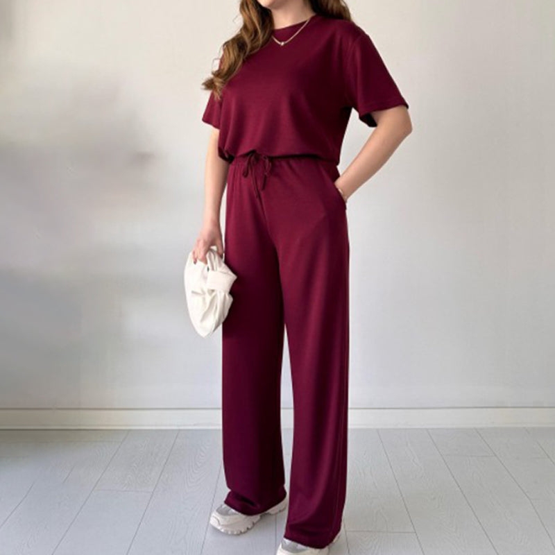 Ensemble deux pièces pour femmes : T-shirt décontracté et pantalon avec taille élastique et cordon de serrage