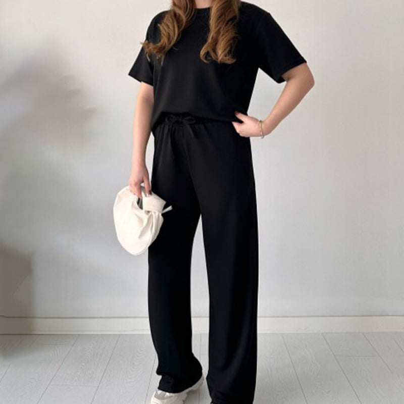 Ensemble deux pièces pour femmes : T-shirt décontracté et pantalon avec taille élastique et cordon de serrage