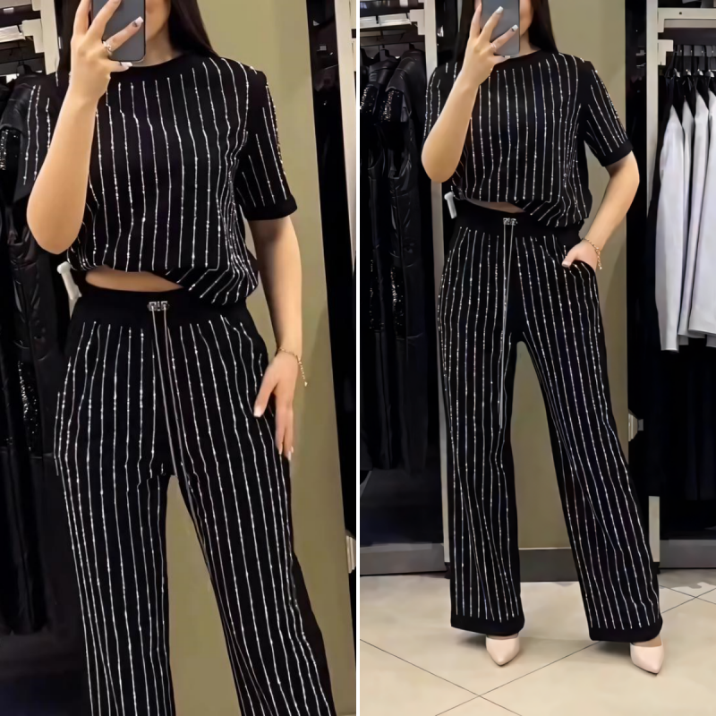 🌸2025 Vente à chaud👠Ensemble deux pièces en tricot rayé à strass pour femmes
