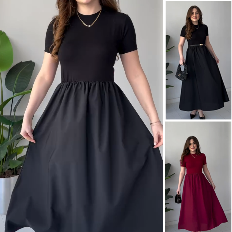 Robe longue élégante à manches courtes et taille haute pour femmes