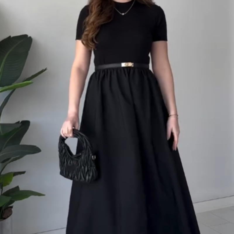 Robe longue élégante à manches courtes et taille haute pour femmes
