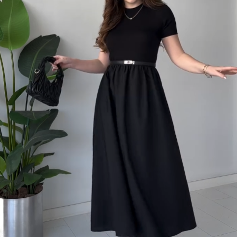 Robe longue élégante à manches courtes et taille haute pour femmes