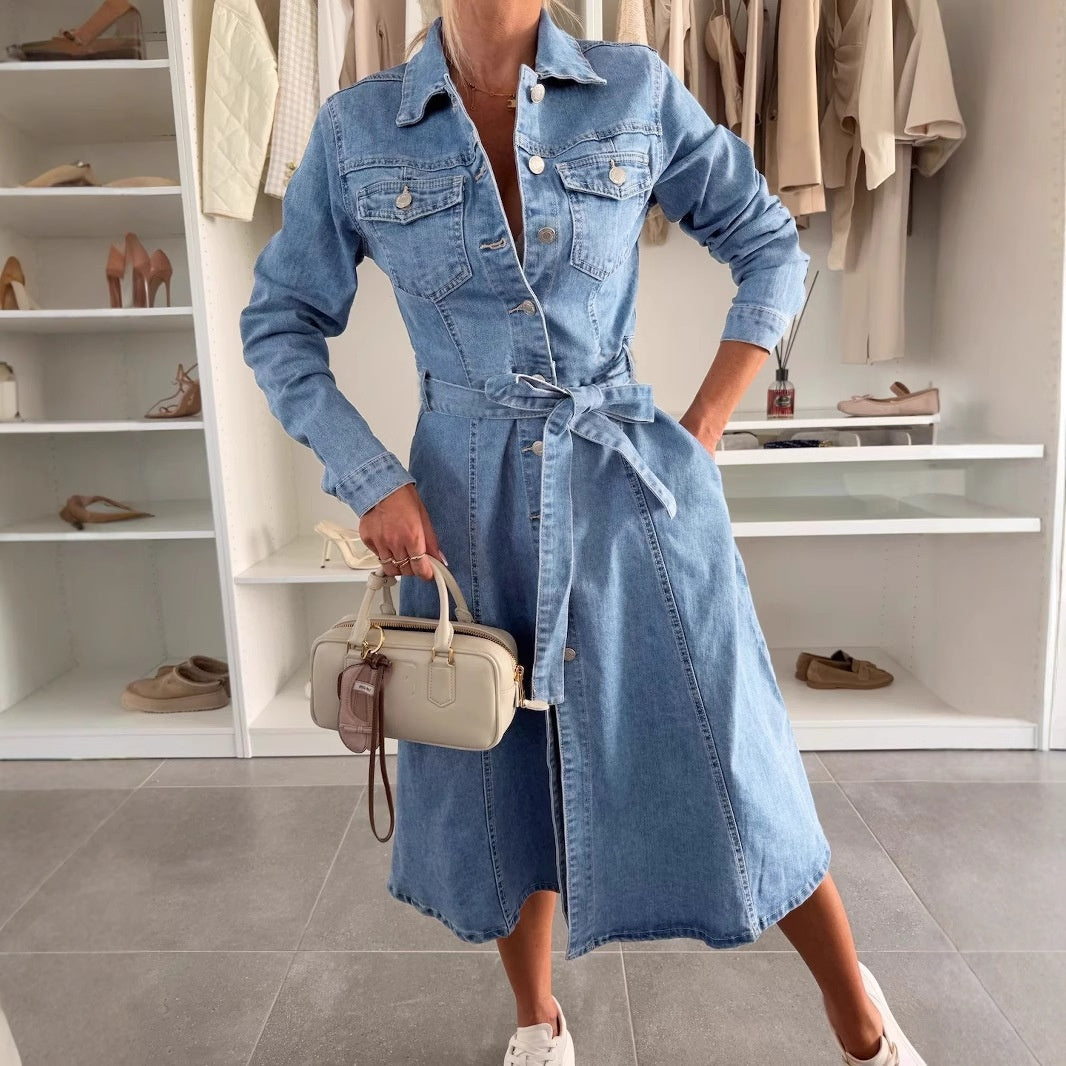 ❤️Robe en denim à manches longues avec patte de boutonnage pour femmes