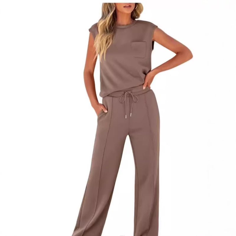 😍Ensemble décontracté pour femmes composé d'un haut sans manches et d'un pantalon avec cordon de serrage, 2 pièces