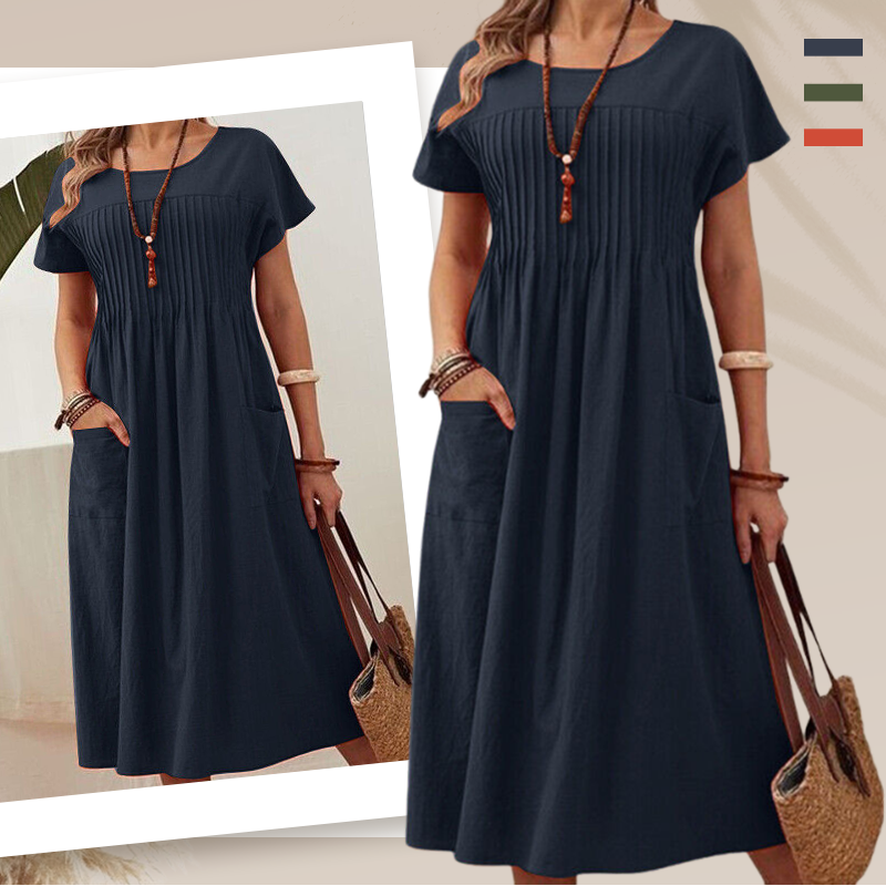 Robe plissée à manches courtes et poches pour femmes
