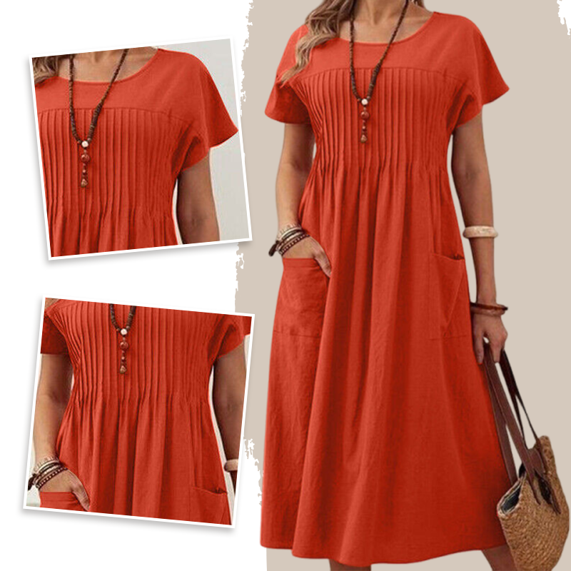Robe plissée à manches courtes et poches pour femmes