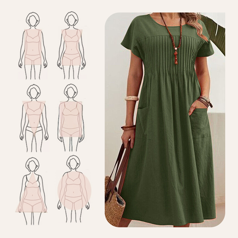 Robe plissée à manches courtes et poches pour femmes