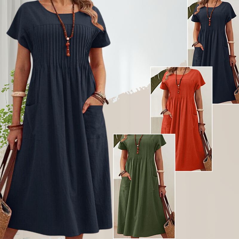 Robe plissée à manches courtes et poches pour femmes