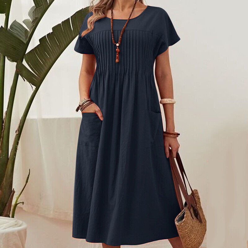 Robe plissée à manches courtes et poches pour femmes
