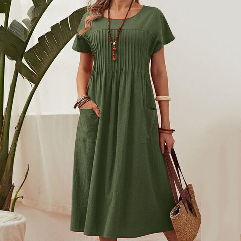 Robe plissée à manches courtes et poches pour femmes