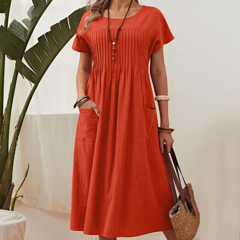 Robe plissée à manches courtes et poches pour femmes