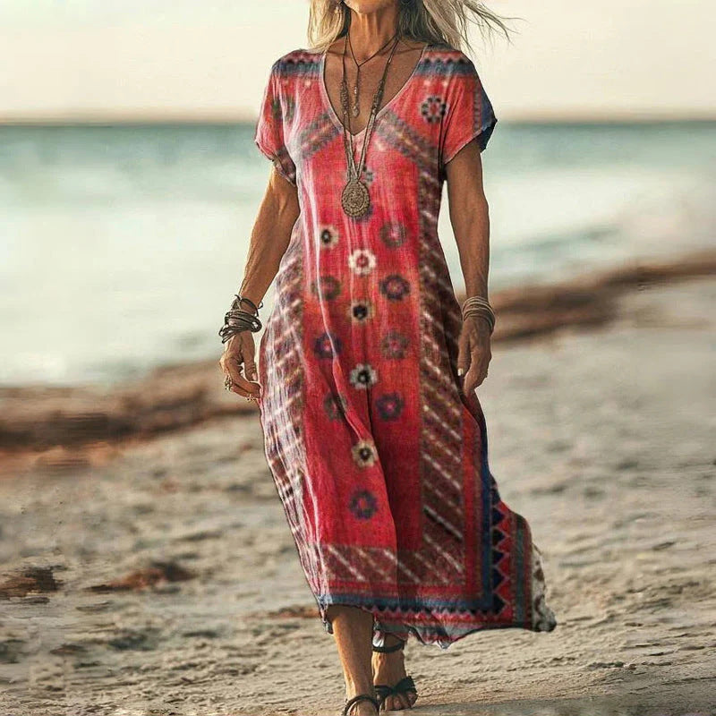 Robe longue imprimée à manches courtes et col en V pour femme