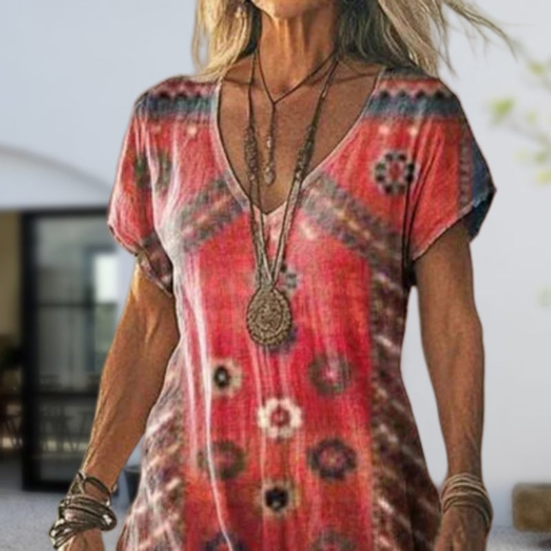 Robe longue imprimée à manches courtes et col en V pour femme