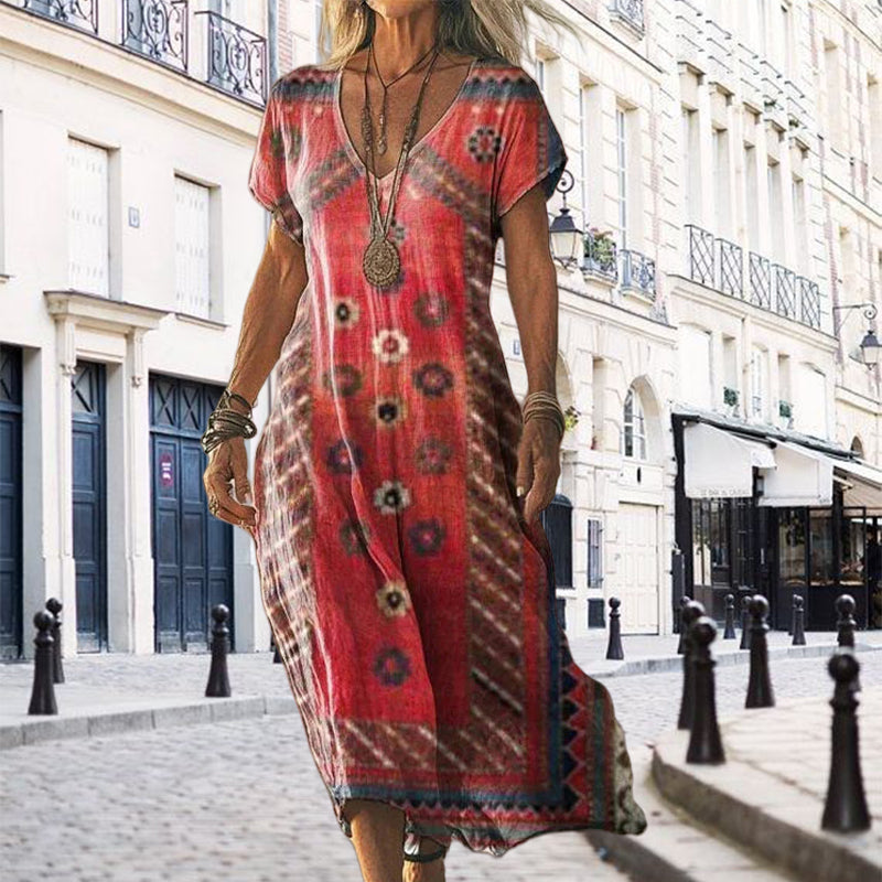 Robe longue imprimée à manches courtes et col en V pour femme