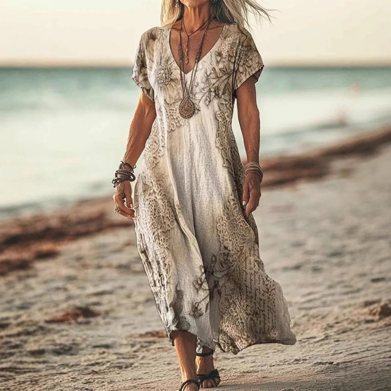Robe longue imprimée à manches courtes et col en V pour femme