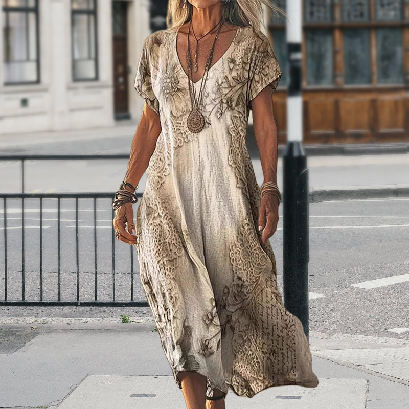 Robe longue imprimée à manches courtes et col en V pour femme
